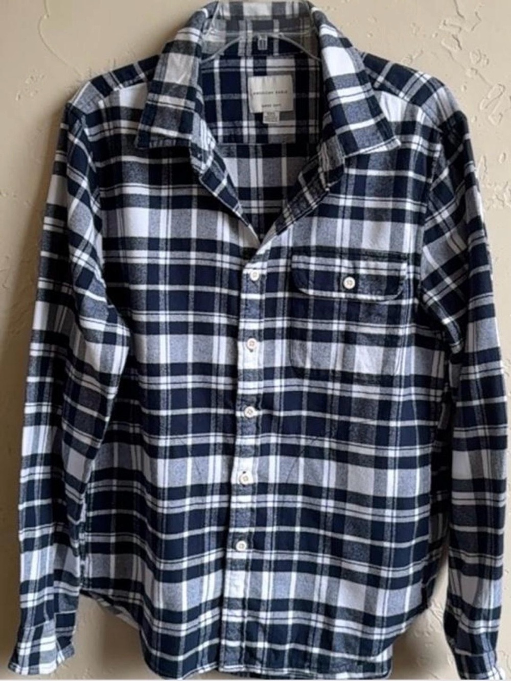 American Eagle Outfitters Navy and White Plaid Button-Down Shirt